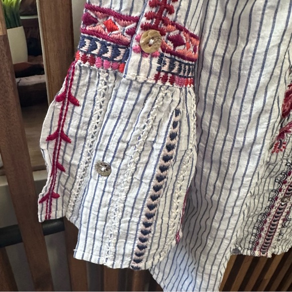 Johnny Was White Stripe Button-Down Shirt with Embroidery Arie Flute Sleeves - Picture 6 of 9